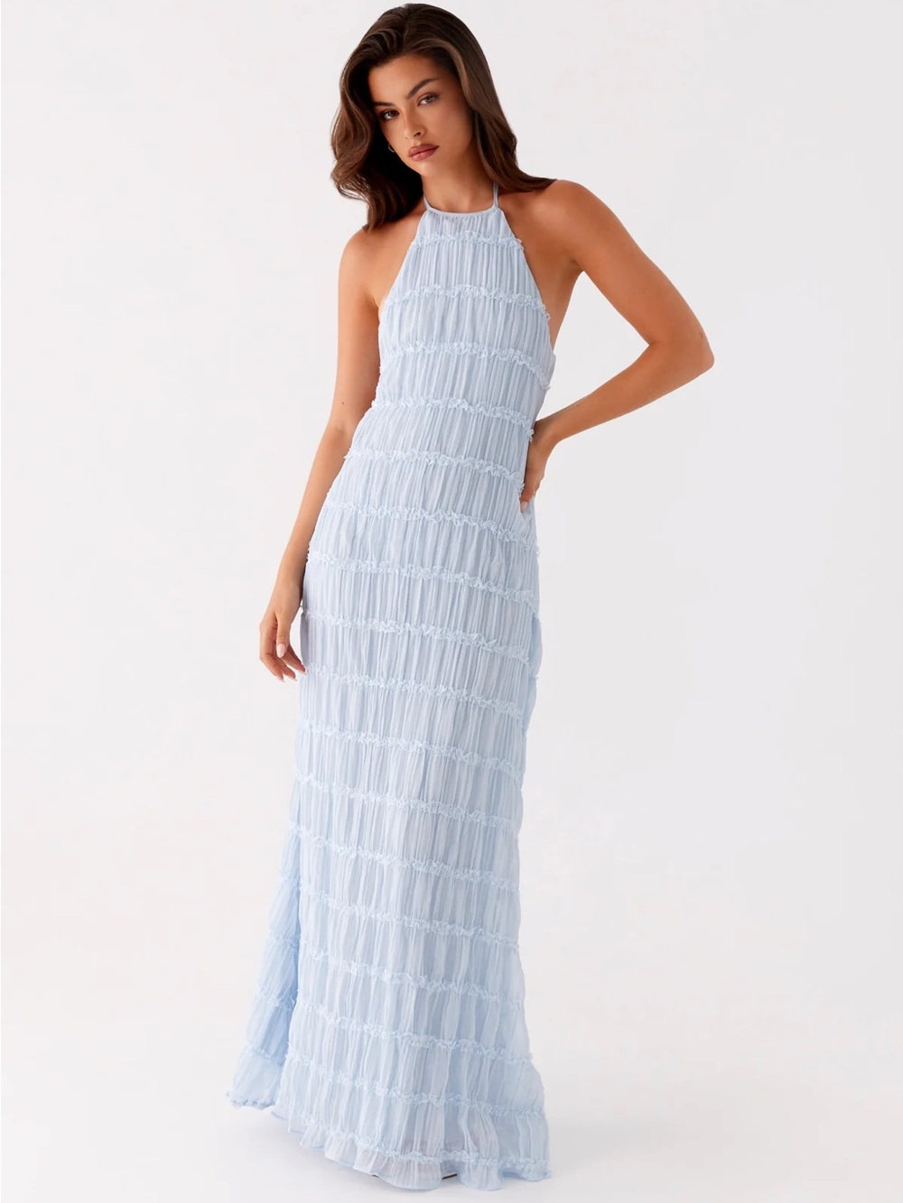 NWT Peppermayo Aullie Maxi Dress Blue Halter Lace Trim Tiered Size 8 (AU12)